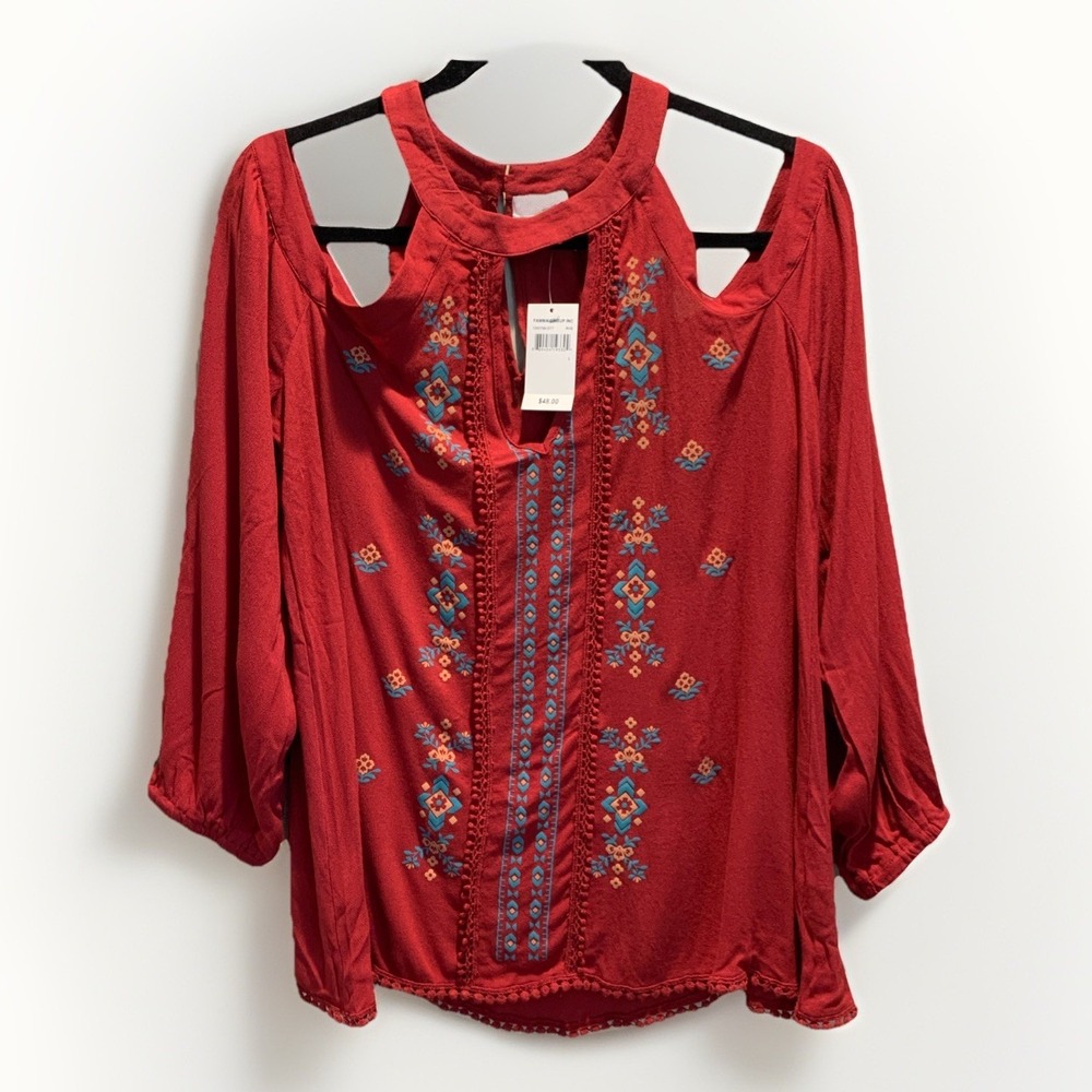 Taylor & Sage Boho Western Peekaboo Shoulder Long Sleeve‎ Rayon Shirt NWT Size L